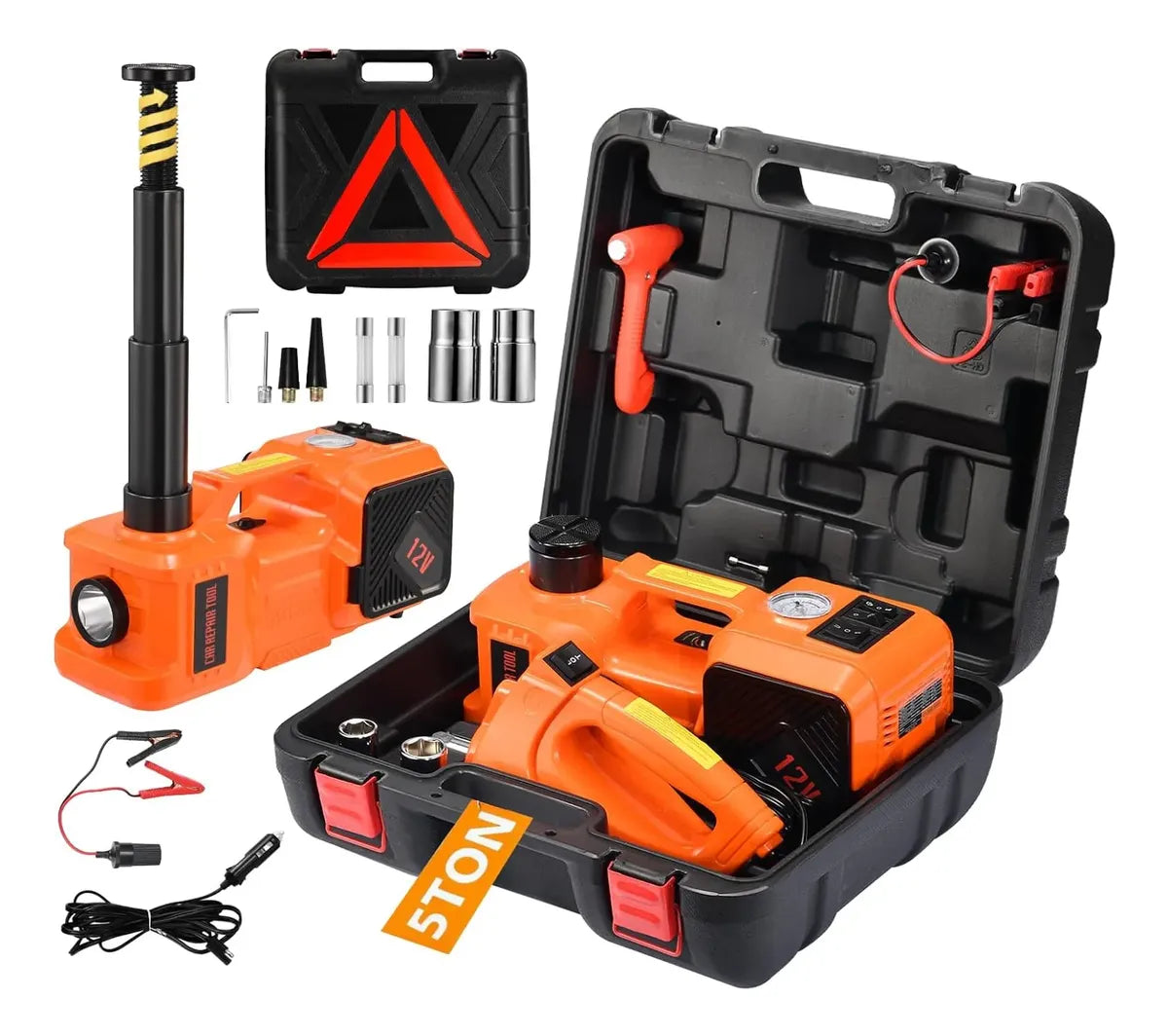 KIT Gata Hidráulica Eléctrica 5T 4 en 1 (gata + llave de impacto + compresor + luz LED)
