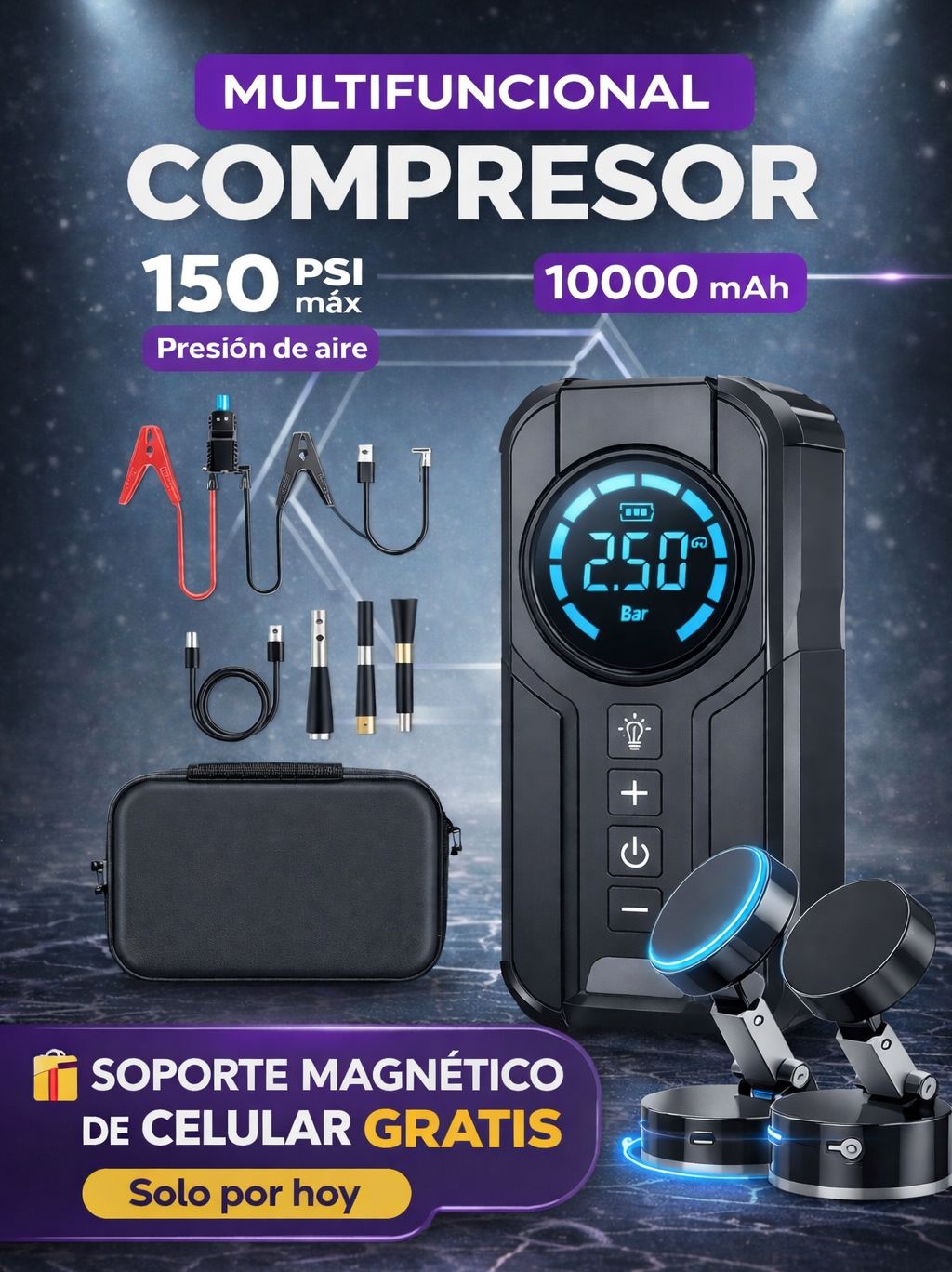 ARRANCADOR PORTÁTIL POWERJUMP 10 000 mAh - Compresor de Aire + Luz LED + PowerBank / 10 000 mAh