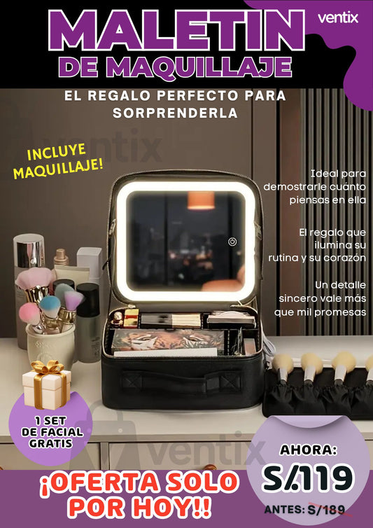 Maletín de Maquillaje Portátil con Espejo LED