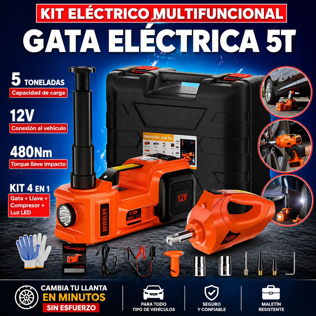 KIT Gata Hidráulica Eléctrica 5T 4 en 1 (gata + llave de impacto + compresor + luz LED)