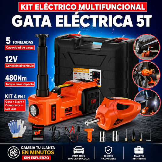 KIT Gata Hidráulica Eléctrica 5T 4 en 1 (gata + llave de impacto + compresor + luz LED)
